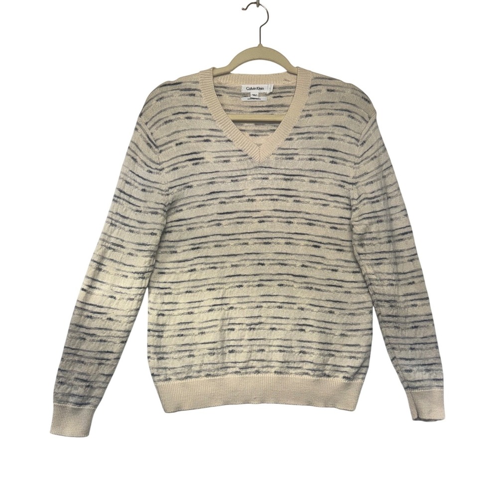 Calvin Klein Extra Fine Merino Wool V-Neck Sweater Cream Grey Striped Womens L